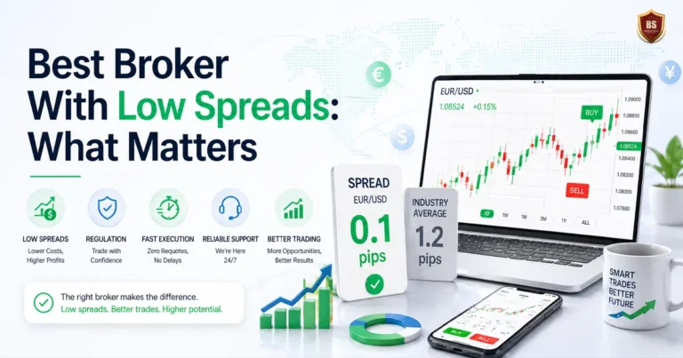 Best broker with low spreads concept showing forex trading platform, EUR/USD chart, and 0.1 pip spread comparison with industry average on a modern financial dashboard