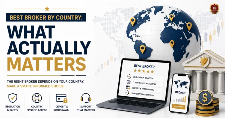 Best broker by country concept with global map, gold location markers, and premium financial elements highlighting regulation, access, and trading platforms on a clean light background