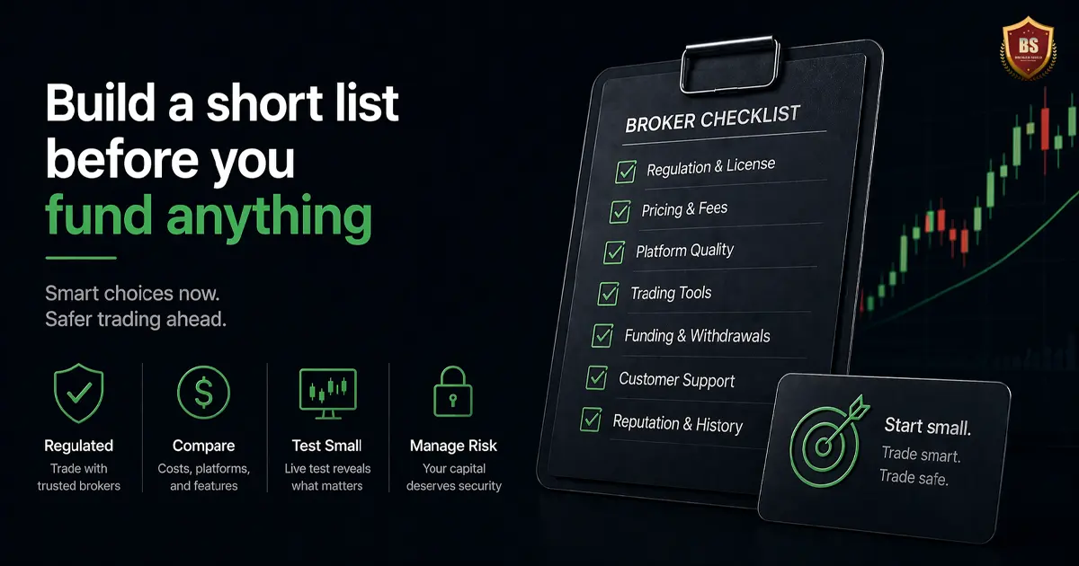 Build a short list before funding a forex broker minimal dark design with broker checklist and safe trading decision concept