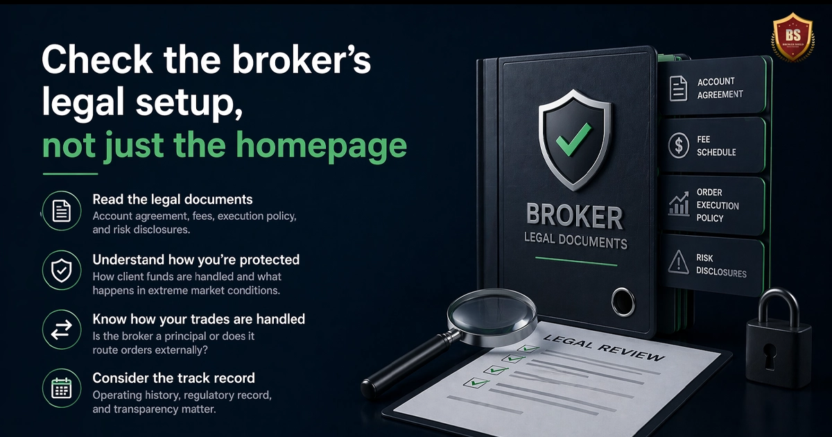 Check a forex broker legal setup dark theme showing legal documents, account agreement, fee schedule, and broker transparency verification for safe trading