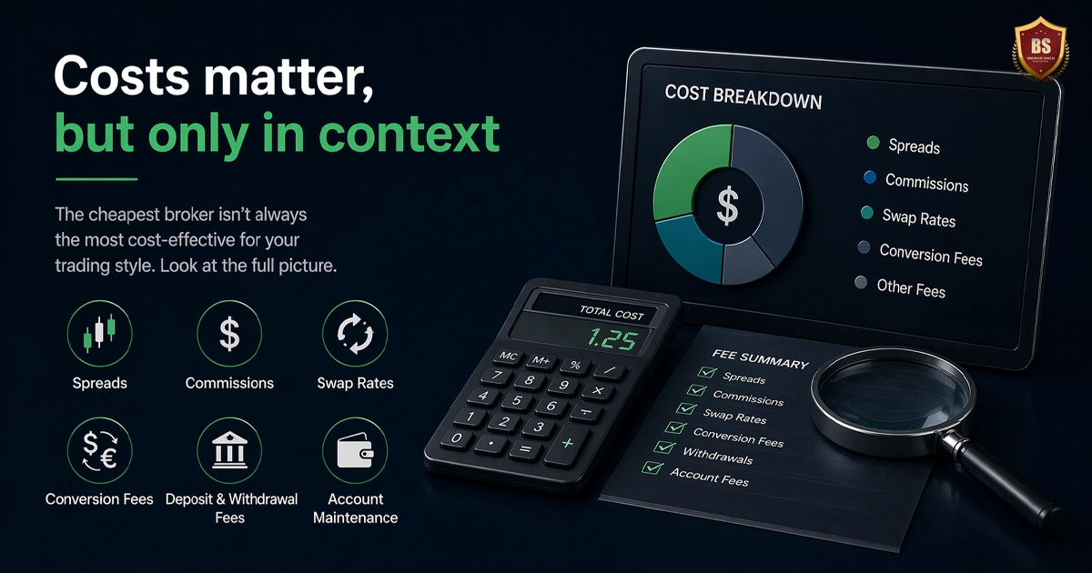 Forex broker costs comparison dark theme showing spreads, commissions, swap rates, and hidden fees analysis for choosing a cost-effective trading platform
