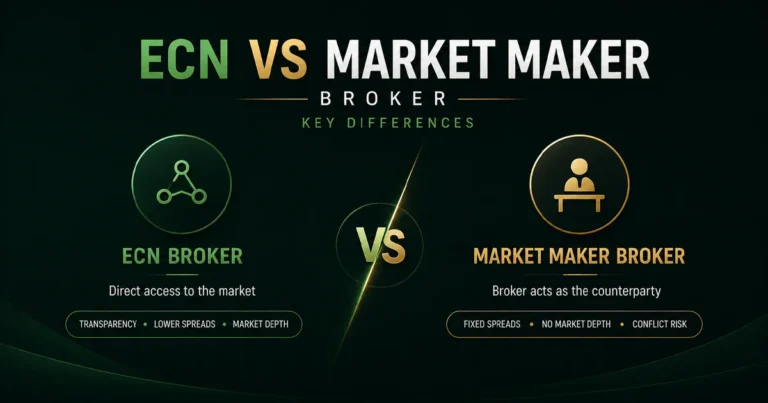 Minimal ECN vs Market Maker broker comparison showing key differences in execution model, spreads, and trading structure on a clean dark green financial background