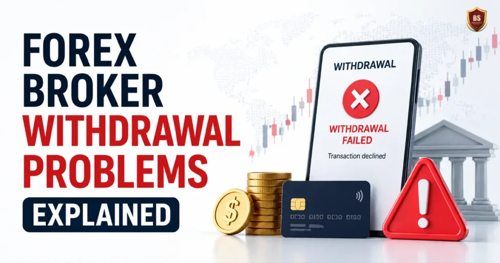 Forex broker withdrawal problems explained with failed transaction on mobile screen, warning sign, and financial elements on clean light background