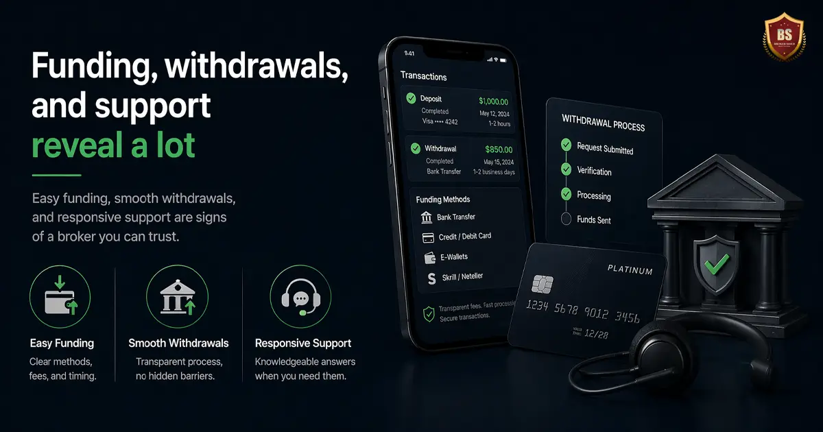Forex broker funding withdrawals and support dark minimal design showing payment methods, withdrawal process, and customer support reliability