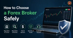 How to choose a forex broker safely illustration with trading charts, security shield, and key factors like regulation, fees, and broker reliability