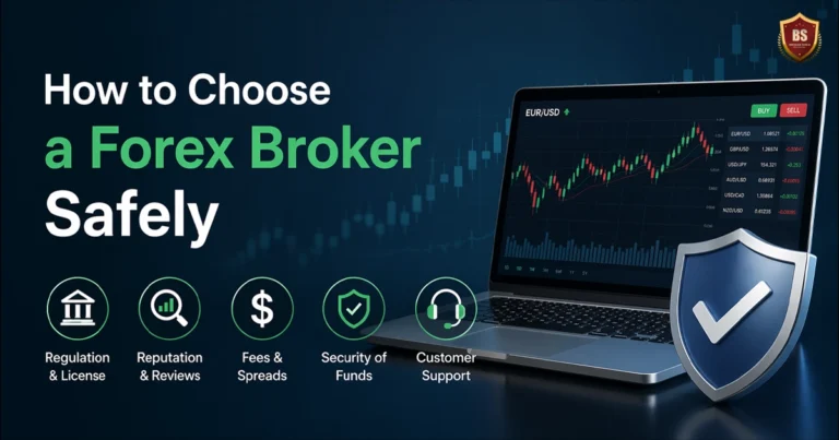 How to choose a forex broker safely illustration with trading charts, security shield, and key factors like regulation, fees, and broker reliability