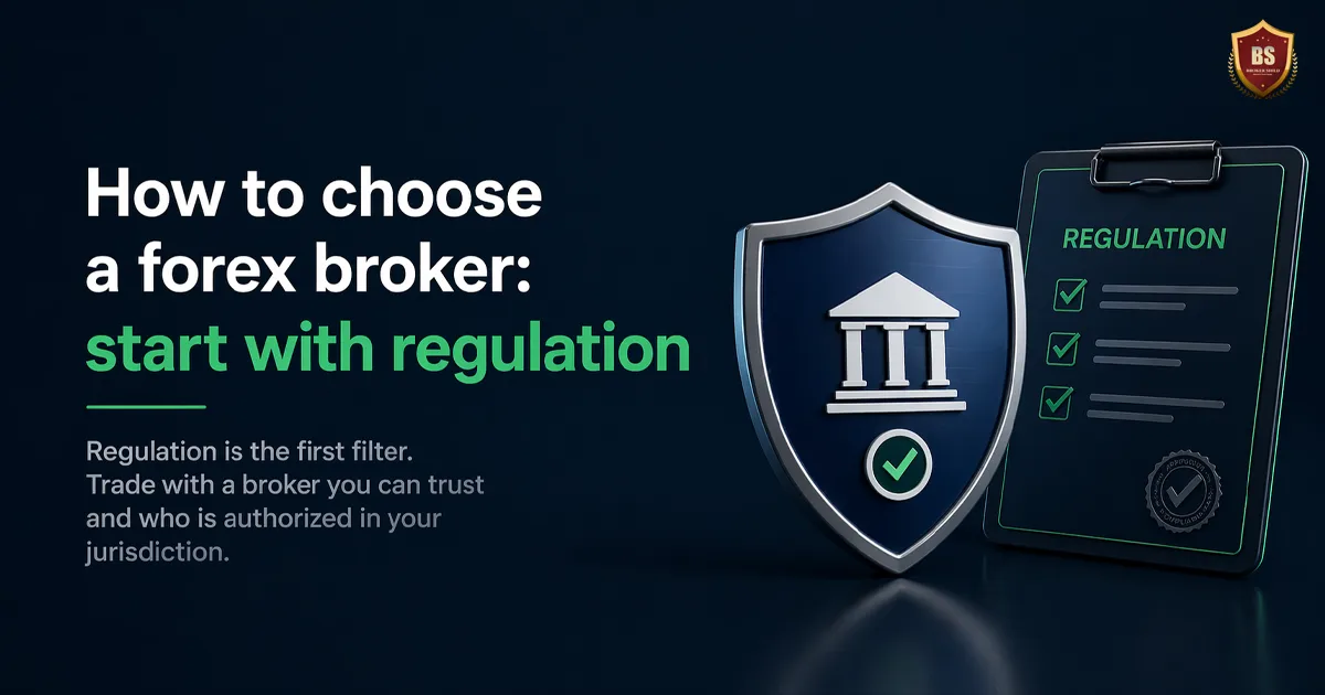 How to choose a forex broker start with regulation dark theme showing security shield, compliance checklist, and broker licensing verification for safe trading