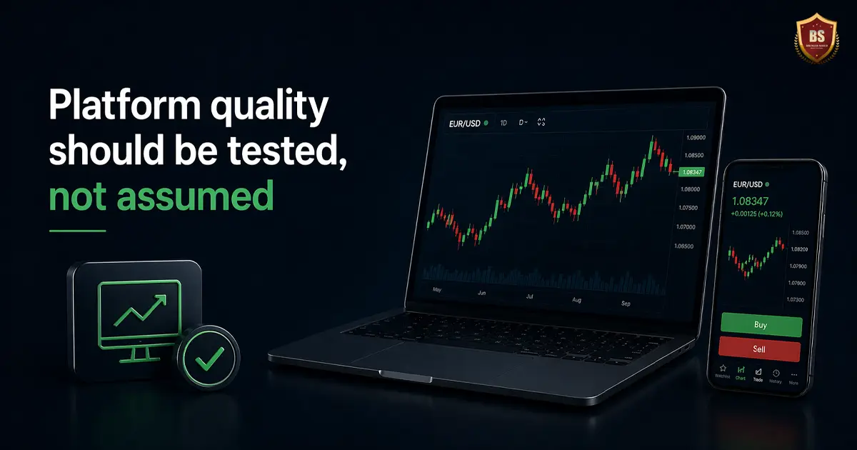 Platform quality should be tested not assumed forex broker minimal dark design with trading chart and platform testing concept