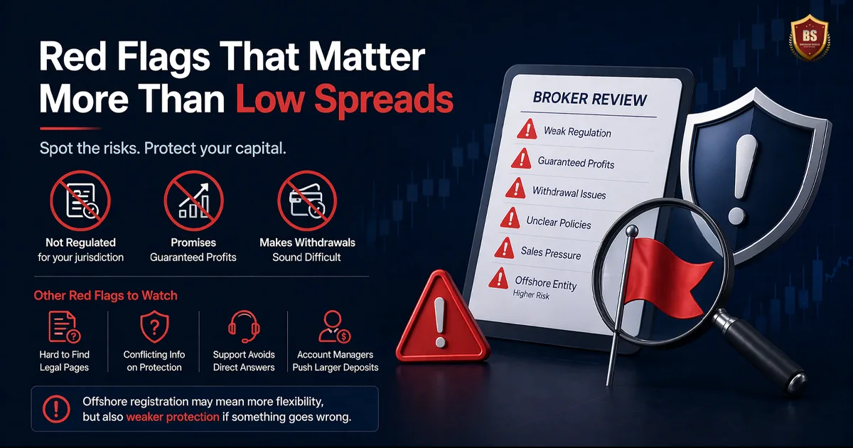 forex broker red flags warning signs concept showing risks like weak regulation withdrawal issues and sales pressure on dark financial background