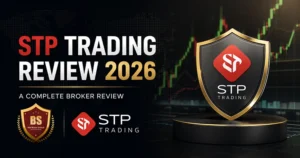STP Trading Review 2026 featured image showing STP Trading logo and BrokerShield badge with forex chart background, highlighting broker analysis and trading performance