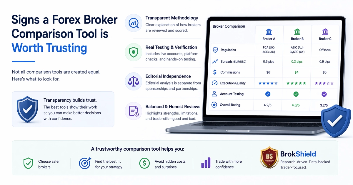 Forex broker comparison tool highlighting transparency, real account testing, editorial independence, and balanced reviews to identify trustworthy platforms