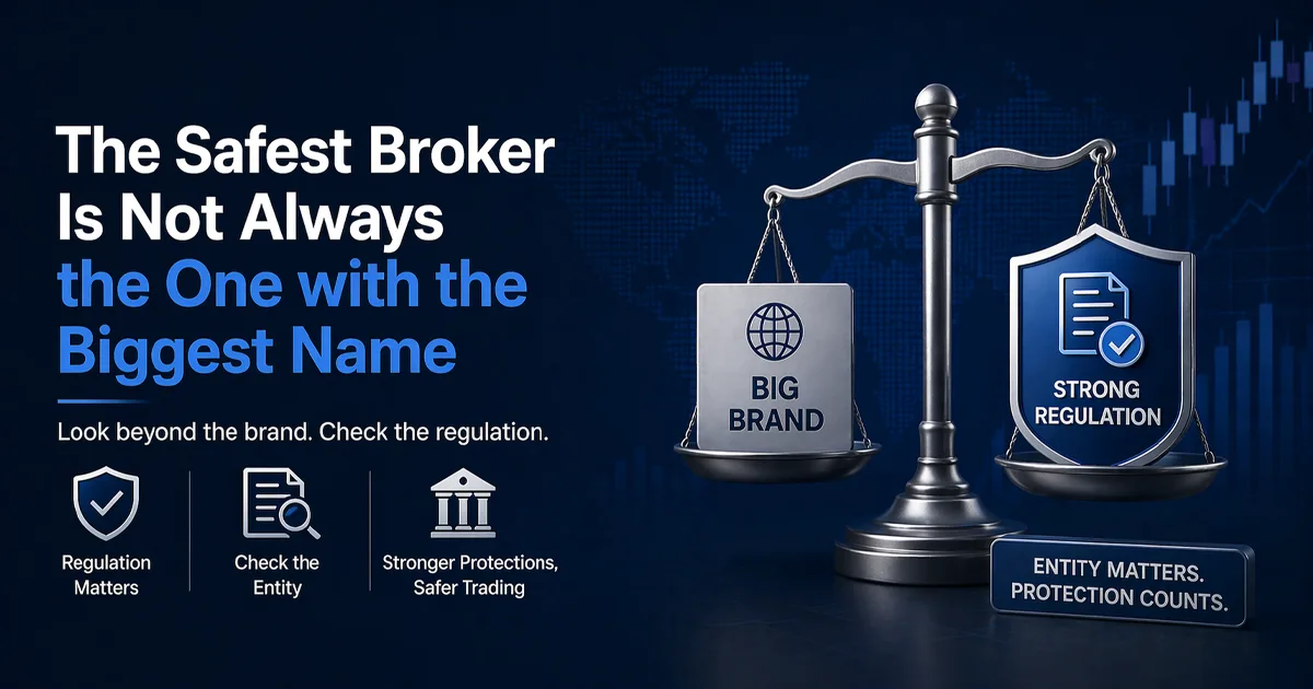 safest forex broker is not always the biggest brand concept showing regulation vs brand trust with financial scale illustration