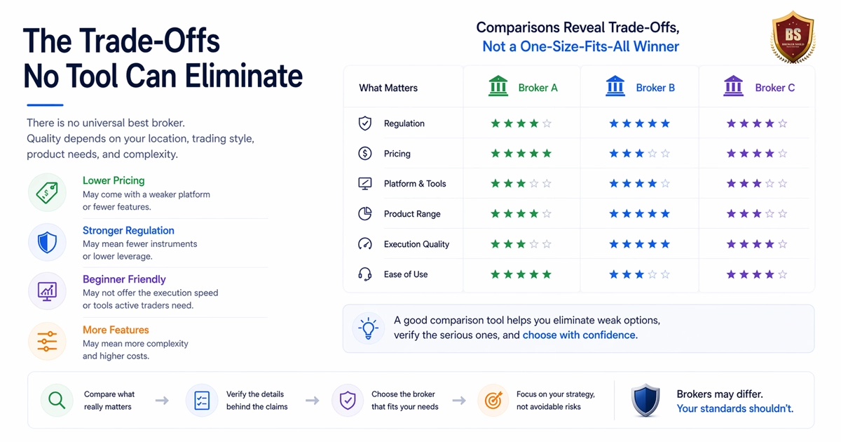 Minimal forex broker comparison visual showing key trade-offs between pricing, regulation, and platform features in a simple clean layout
