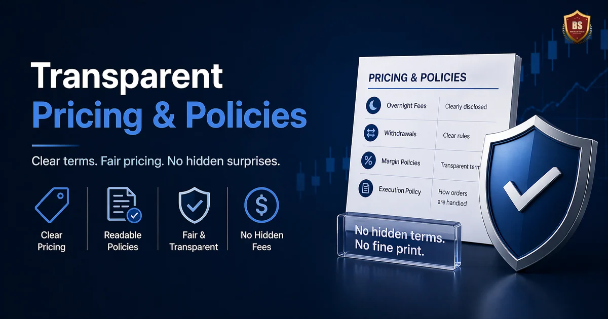 transparent forex broker pricing and policies concept with clear fees and no hidden charges on a clean financial background