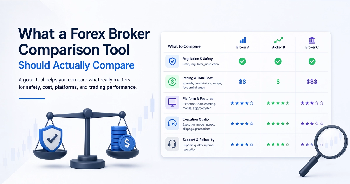 Forex broker comparison tool interface showing regulation, pricing, platforms, and execution quality metrics in a clean dashboard layout 
