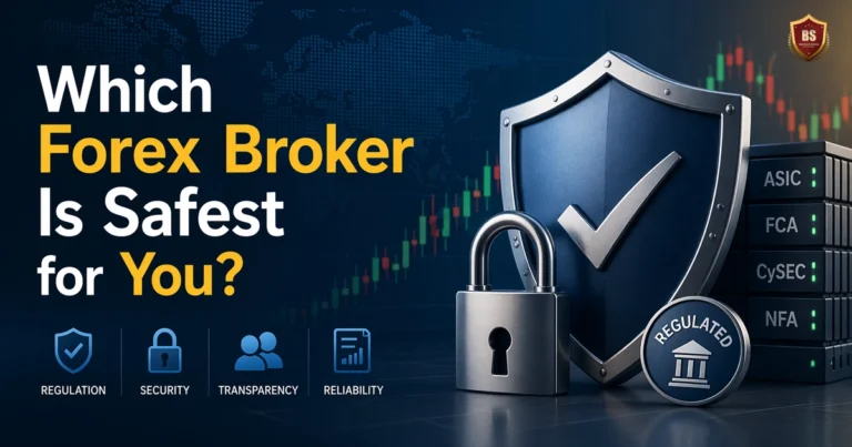 Which Forex Broker Is Safest for You? – shield symbol representing broker security, regulation, transparency, and trading safety with forex charts and currency icons in a modern financial design