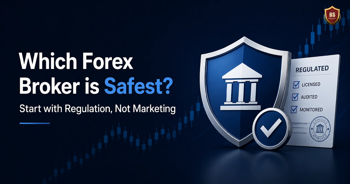 safest forex broker concept with regulation shield and license verification on a clean financial background