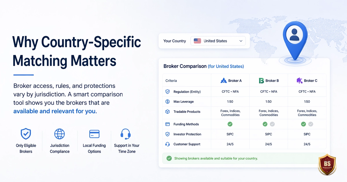 Forex broker comparison tool filtered by country showing regulation, leverage rules, funding options, and jurisdiction-based availability for traders