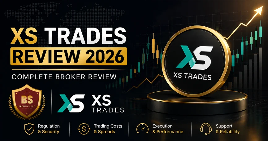 XS Trades Review 2026 featured image showing XS Trades logo with BrokerShield badge and forex trading chart background, highlighting broker analysis, regulation, and trading performance