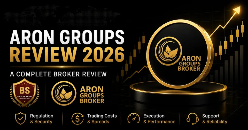 Aron Groups Broker Review 2026 featured image with dark trading background, gold chart elements, Aron Groups logo, and BrokerShield badge, highlighting regulation, trading costs, execution performance, and support