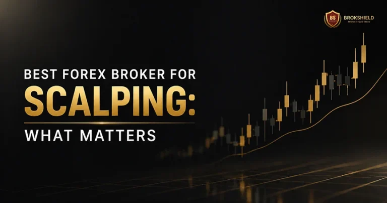 Best forex broker for scalping featured image with minimal dark background, gold candlestick chart, and small BrokerShield logo in the top right corner, highlighting low spreads and fast execution