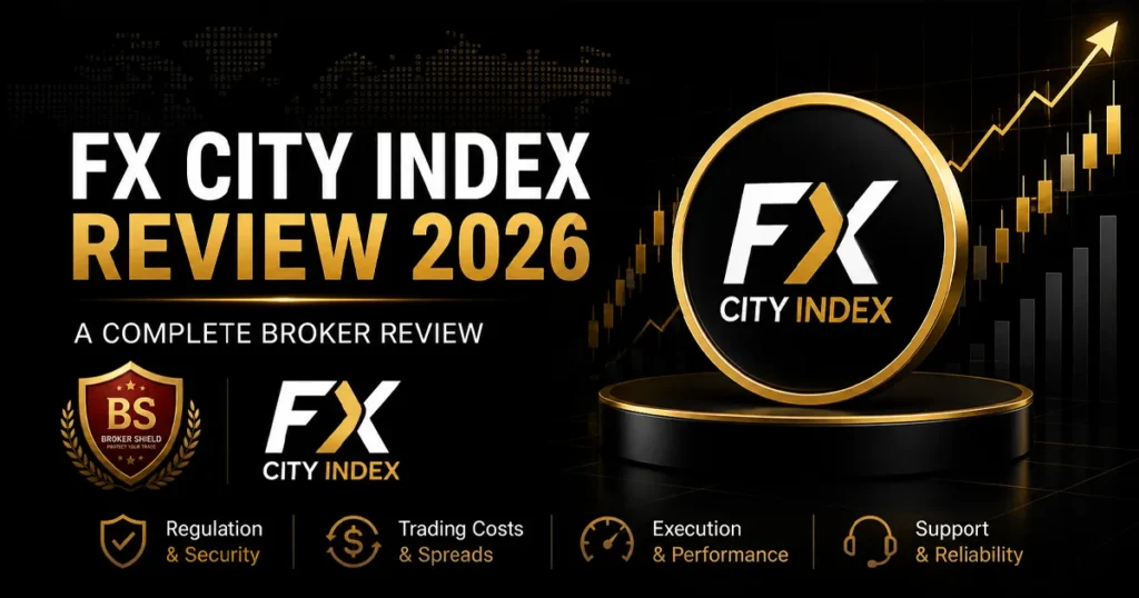 FX City Index featured image with dark minimal background, gold forex chart, and small BrokerShield logo in the top right, highlighting broker analysis and trading conditions