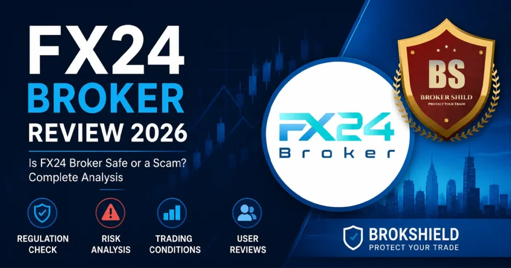 FX24 Broker Review 2026 thumbnail featuring FX24 logo, Brokshield shield badge, and text “Is FX24 Broker Safe or a Scam? Complete Analysis” on a dark financial chart background