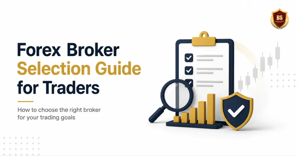 Minimalist banner for “Forex Broker Selection Guide for Traders” with clean white background, checklist and chart elements, and a small BrokerShield logo positioned in the top-right corner