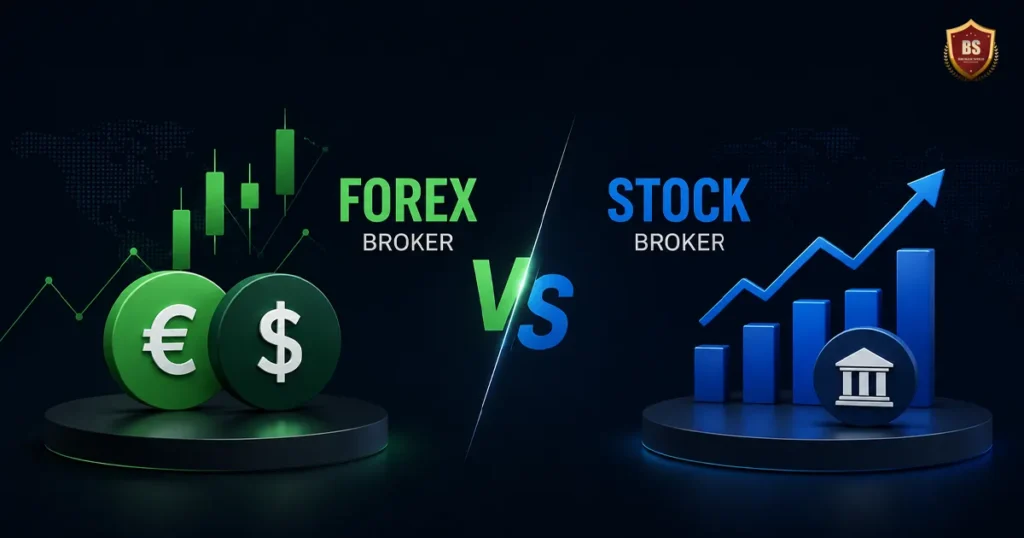 Dark minimalist comparison illustration showing forex broker vs stock broker concepts with glowing green forex charts and currency symbols on the left, blue stock market growth chart and exchange icon on the right, separated by a neon VS design on a futuristic trading background.