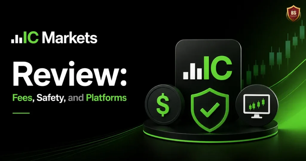 Dark green and black IC Markets review banner featuring trading icons for fees, safety, and platforms with modern financial chart elements and minimalist design style