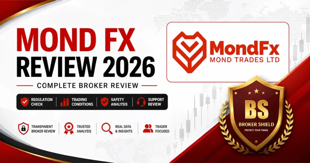 Mond FX Review 2026 cover image featuring MondFX logo and BrokerShield badge with “Complete Broker Review” title on a clean trading-themed background