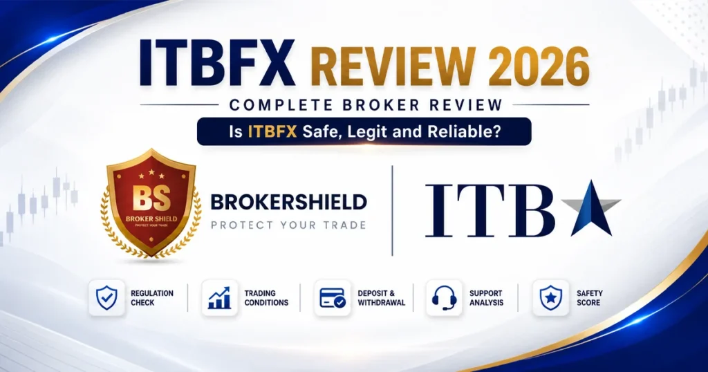 ITBFX Review 2026 cover image featuring BrokerShield logo, ITBFX logo, and title “ITBFX Review 2026 – Complete Broker Review” on a clean professional trading-themed background
