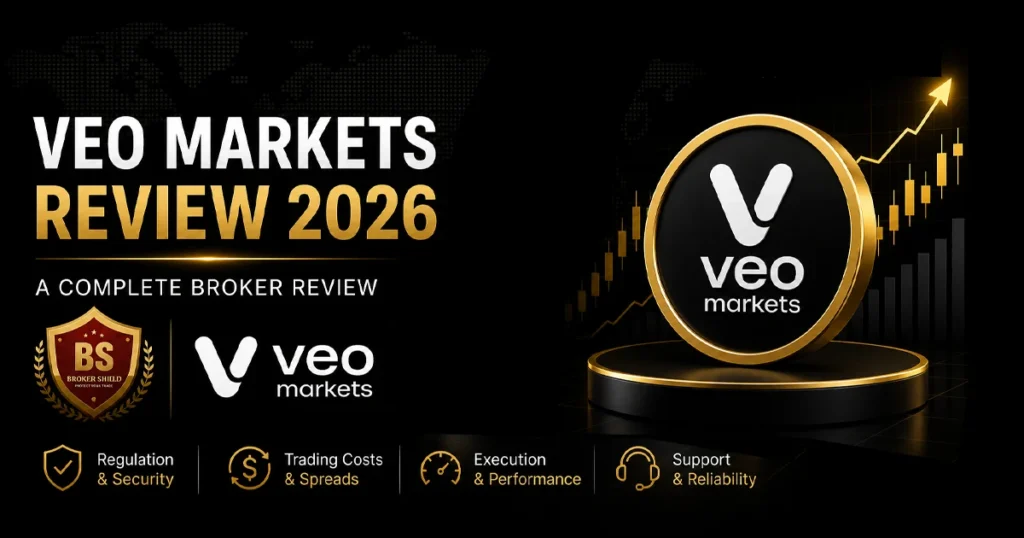 Veo Markets Review 2026 featured image with dark minimal trading background, gold chart elements, Veo Markets logo, and BrokerShield badge, highlighting broker analysis, trading costs, execution, and support