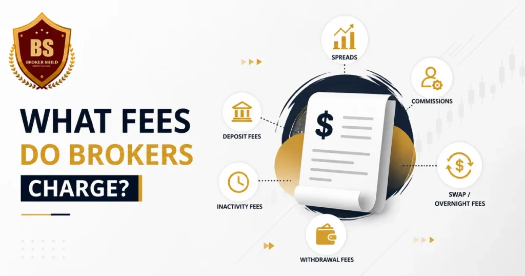 Minimalist dark-accent banner for “What Fees Do Brokers Charge?” featuring BrokerShield logo, receipt-style graphic, and icons for spreads, commissions, swaps, and withdrawal fees