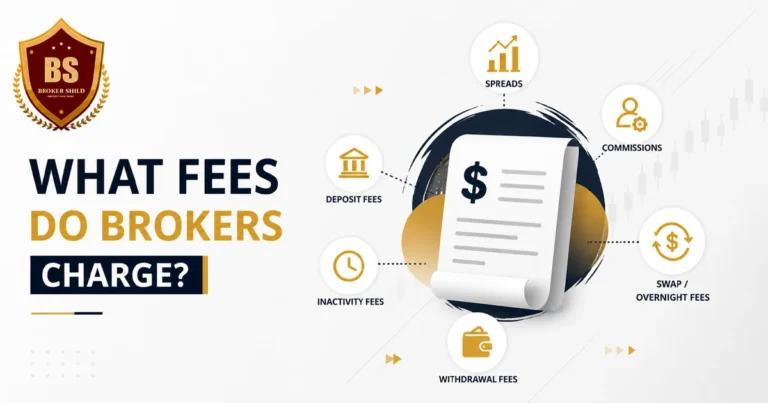 Minimalist dark-accent banner for “What Fees Do Brokers Charge?” featuring BrokerShield logo, receipt-style graphic, and icons for spreads, commissions, swaps, and withdrawal fees