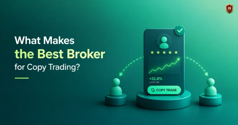 Best Broker for Copy Trading: What to Check, Minimal copy trading concept illustration with trader profiles, performance chart, and connection flow on gradient background